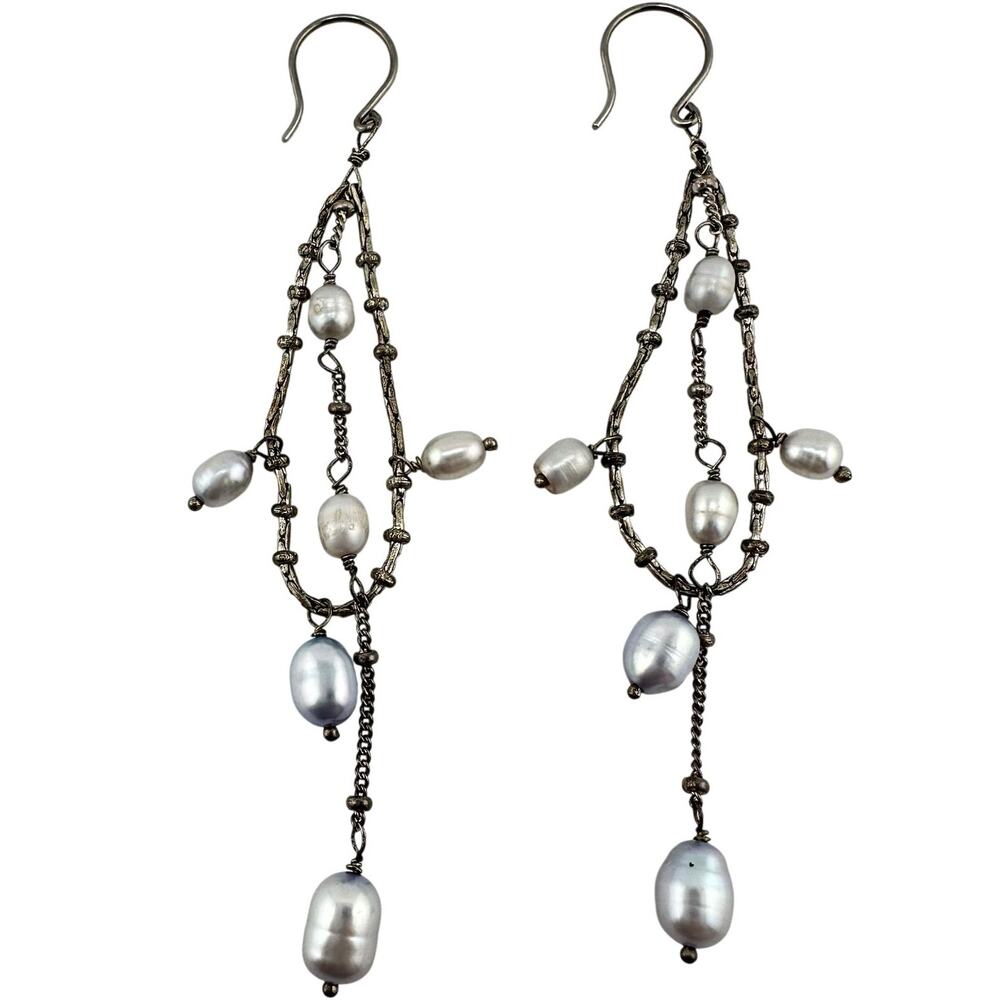 Genuine Freshwater Pearls Elegant Beaded Silver Tone Dangle Drop 2.75" Earrings